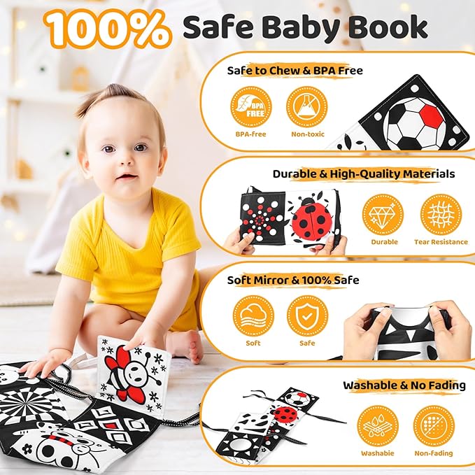 Newborn Black and White High Contrast Baby Book for 0-3 Months Brain Development, Tummy Time Sensory Infant Toys, Montessori Essentials for 0-6-12 Months Gifts