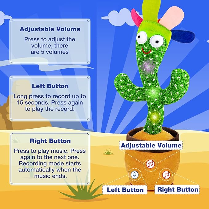 Ayeboovi Dancing Talking Cactus Toy for Toddlers, Adjustable Volume 120 Songs Singing Cactus Repeating What You Say, Interactive Recording Mimicking Cactus Toy Baby Gifts for Boys and Girls
