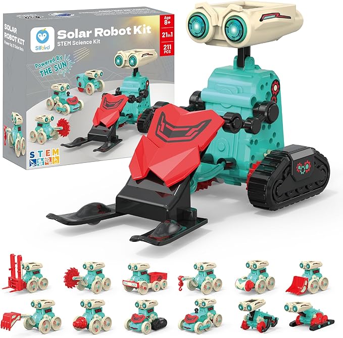 Sillbird Solar Robot Building Kit Christmas STEM Gift for Boys Aged 8-14, 21 in 1 DIY Science Educational Sets for Kids Teens Birthday, Solar or Battery Powered Robotic Set with 211 Pieces