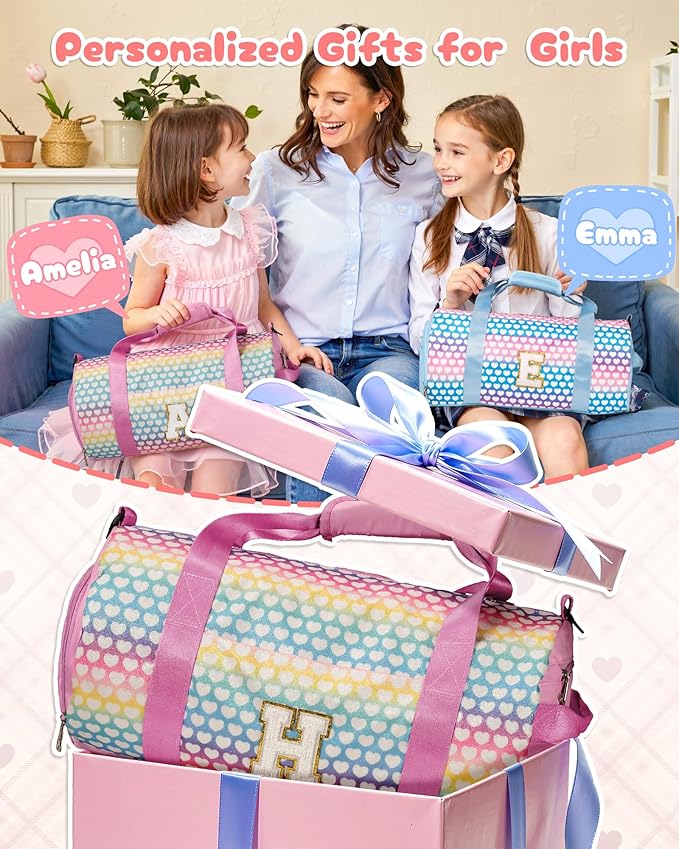 Party Favors for Teenager, Girls Travel Duffel Bag, Kids Initial Overnight Bags with Shoe Compartment, Personalized Weekender Bag with Makeup Pouch, Birthday Gift for Teen (Letter W)