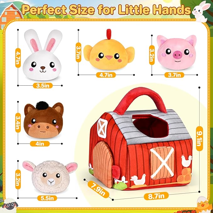 Baby Toys 0-6 6-12 Months, Plush Big Red Barn with Farm Animals, Soft Sensory Toys with Crinkle, Rattles for 0-3-6-9-12 Month Newborn Infant, Christmas Easter Birthday Gifts for Baby Boys Girls﻿
