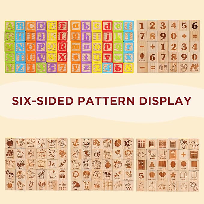 SainSmart Jr. Wooden Alphabet Blocks 1.73 Inch, 30Pcs Building Blocks Including Letters, Numbers and Animals, Montessori Wooden Blocks for Preschool Toddlers