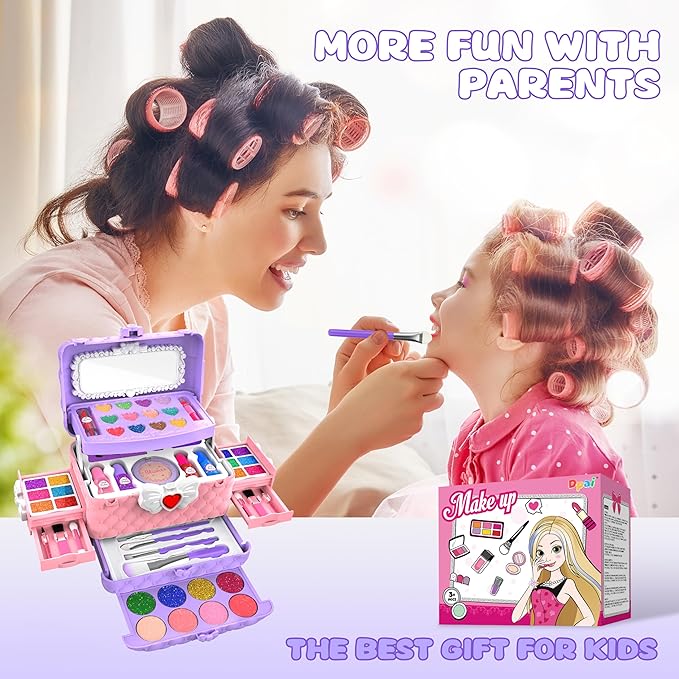 54 Pcs Kids Makeup Kit for Girls, Princess Real Washable Pretend Play Cosmetic Set Toys with Mirror, Birthday Gifts for 3 4 5 6 7 8 9 10+Years Old Girls Kids (Light Purple)