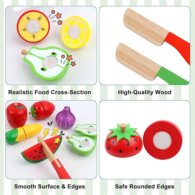 MerryPony Wooden Play Food Set for Kids Kitchen Accessories - 34 Pcs Velcro Fruit & Veggie Cutting Toys with 4 Color Sorting Boxes, Montessori Pretend Play for Toddlers, Birthday Gifts for Boys Girls