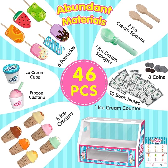 Ice Cream Toys, Wooden Ice Cream Play Set, Pretend Play Toys, 46 Pcs Wooden Play Kitchen Accessories with Menu & Scoop & Menu & Fake Money, Ice Cream Toys for Toddlers 3 4 5 6 Girls Boys Birthday