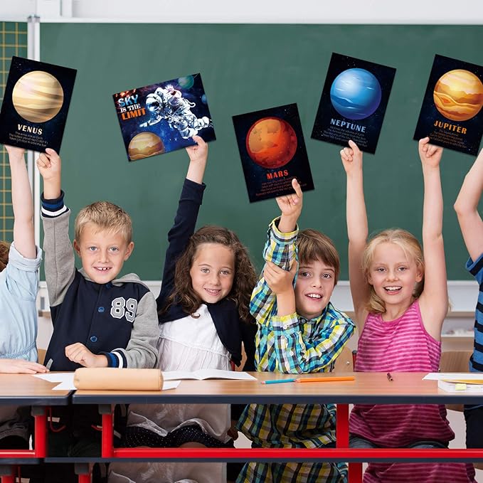 Outus 12 Pieces Solar System Educational Teaching Posters Laminated Kids Space and Planets Posters Print WallChart Art for Toddlers Classroom Bedroom 10.6 x 14.1 Inch
