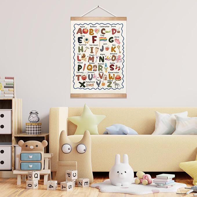 Educational Wall Art Posters ABC Alphabet Chart, Learning Posters for Kids,ABC Banner Poster, Canvas Wall Hanging Decor for Toddler Room Playroom Nursery Wall Classroom Decor 18.5x14inch(Colorful-06)