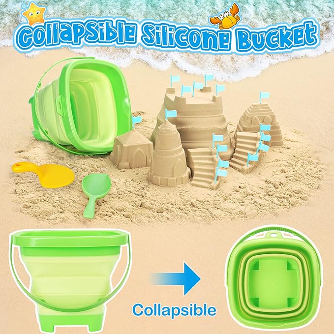 Collapsible Beach Toys for Kids, Foldable Sand Bucket and Shovels Set with Mesh Bag, Sand Castle Building Kit, Sandbox Toys, Travel Sand Toys Beach Essentials for Toddlers Age 3-10