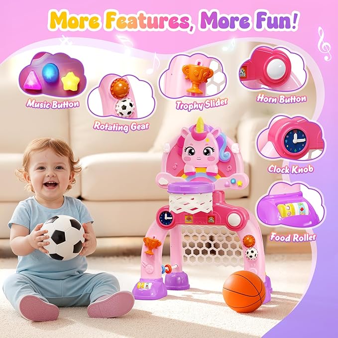 Toddler Basketball Hoop & Soccer Goal Activity Center, Unicorn Toddlers Musical Toys with Light Music, Baby Toddlers Christmas Birthday Present Gifts for 1 2 3 Year Old Girls