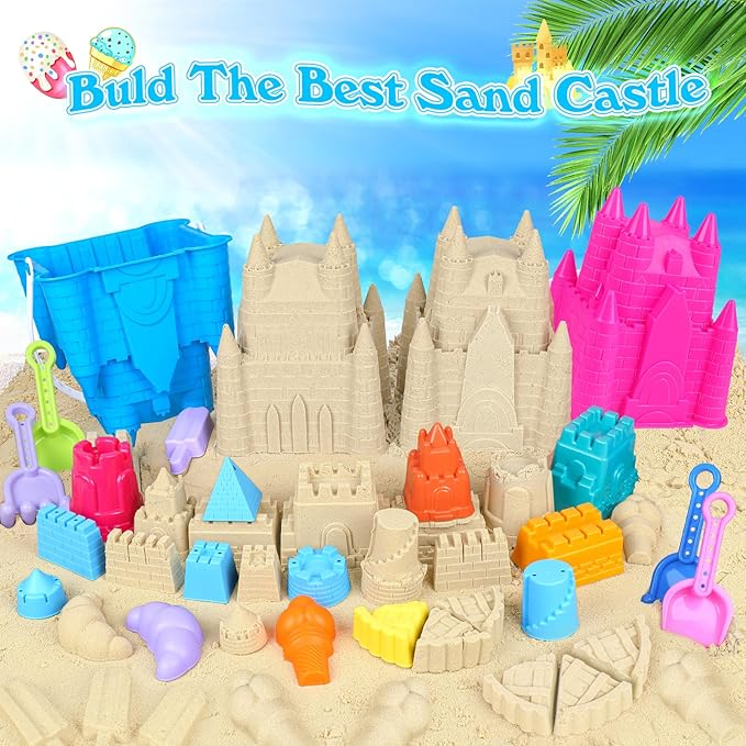 Beach Toys Sand Toys for Kids, Sand Castle Toys for Beach with 2 Castle Bucket and Mesh Bag, Sand Molds, Shovels and Rakes, Sandbox Toys for Toddlers, Travel Beach Toys for Kids 3-10