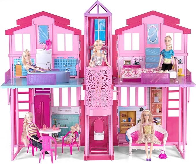 Large Foldable Doll House, 36'' Play House Dollhouse for 12" Dolls, Portable Princess House with Elevator, Bed, Basin & Pets etc, Doll Accessories, Gift for Birthday Christmas for Girls
