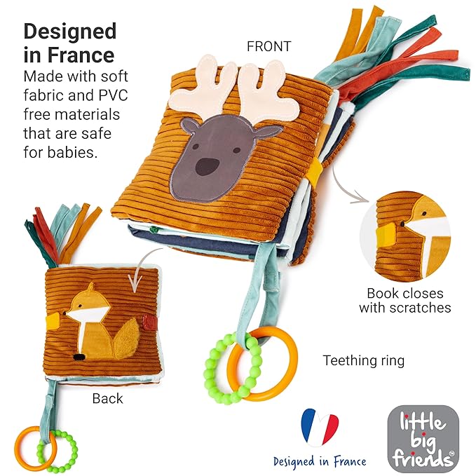 Little Big Friends 2-in-1 Soft Baby Activity Book | Crinkle Cloth Book with Mirror, Teething Ring & Textures | Sensory Toy for Infants | Attaches to Crib, Car Seat or Stroller | Forest Theme