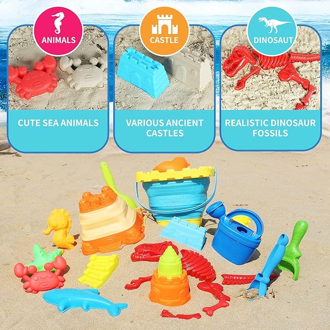 Beach Sand Toys Set, 24PCS Sandbox Toys with Mesh Backpack Bag Included 2 Foldable Buckets Pails, Sand Molds, Shovels, Rakes and Watering Can, Summer Outdoor Toys for Kids Toddlers Boys Girls