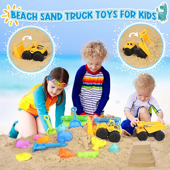 Beach Toys, 31Pcs Sand Toys with 2 Construction Vehicle and 2 Collapsible Beach Bucket, Sand Castle Building Kit, Sand Molds, Shovel Set, Mesh Bag, Summer Toys for Kids Ages 4-8