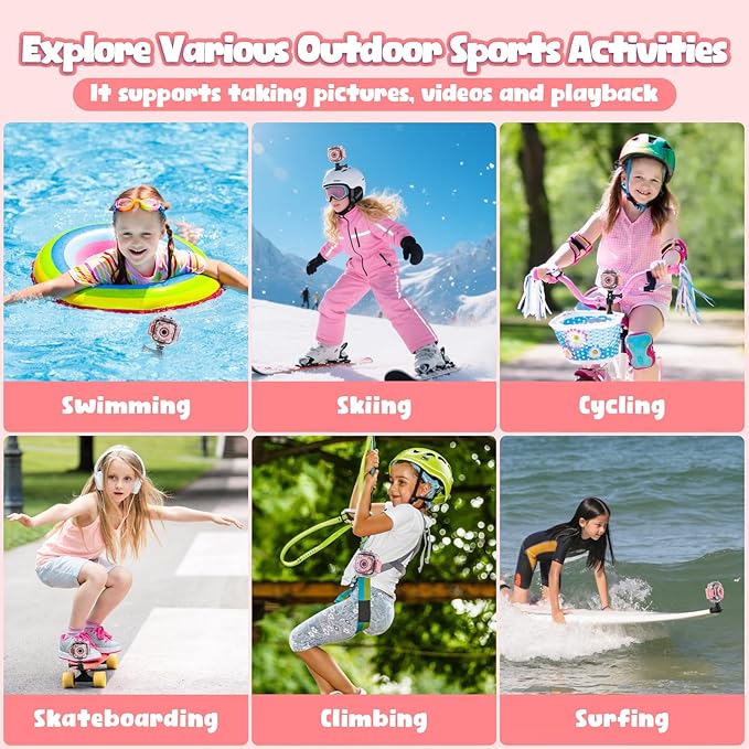 PROGRACE Kids Waterproof Camera - Birthday for 3-12 Year Old Girls 1080P HD Underwater Video Camera for Kids Pool Toys Toddler Digital Cameras with 32GB SD Card Pink