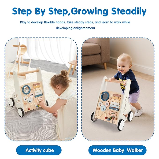 Freniland Wooden Baby Walker，Baby Walker with Wheels for Toddlers 18M+，Montessori Toys with Bead Maze, Xylophone and Storage for Boy and Girl