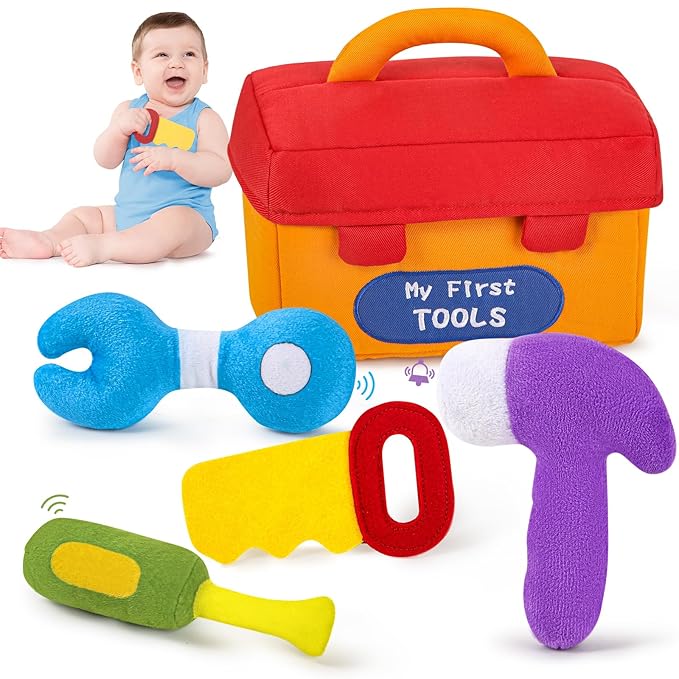 KMUYSL Baby Toys 0-6-12 Months, My First Tools Plush Toys -4 Pcs Sensory Playset Soft Toys with Squeaker Crinkle for 0-6-9-12 Months Newborn Infant, Birthday Christmas Gifts for Boys Girls