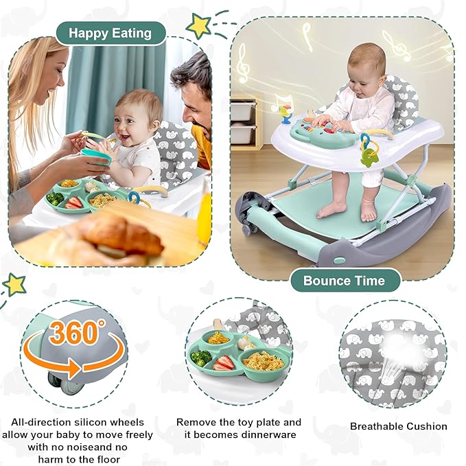 Foldable Baby 5-in-1 Activity Walker - Rocker, Activity Center, Bouncer, Seat Walker, Push Walker - Adjustable Speed Rear Wheels and Height Toys Ages 6-18 Months… (Mint Green)