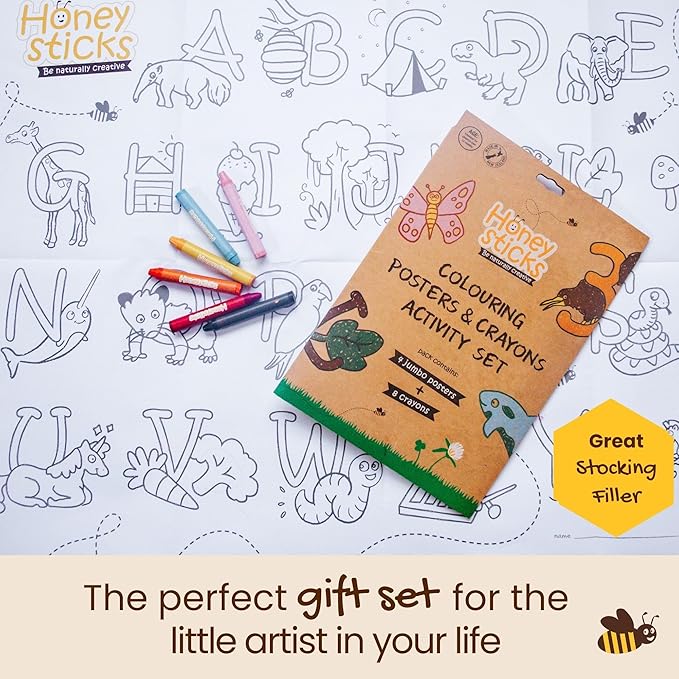 Honeysticks Kids Activity Set - 4 Giant Coloring Posters for Kids and 8 Jumbo Beeswax Crayons - Fun and Educational Posters for Toddler, Preschool Coloring. Perfect Gifts for Toddlers, Kids Aged 3-5