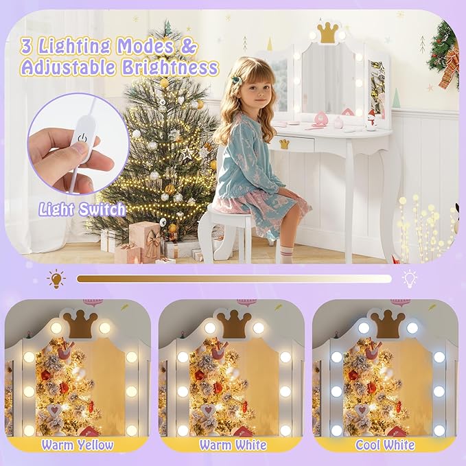 HONEY JOY Kids Vanity with Lights, Crown Girls Vanity Set with Mirror and Stool and Lights, Toddler Vanity, Wooden Makeup Table for Little Girls, Pretend Play Kids Vanity Table and Chair Set(White)