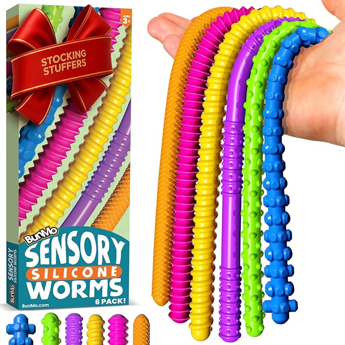 BUNMO Stocking Stuffers for Kids - Stretchy Sensory Strings - Sensory Toys for Kids - Toddler Stocking Stuffers - Hours of Fun - Sensorial Worms - 6 Pack