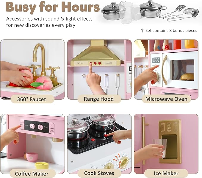 Kids Kitchen Playset, Wooden Play Kitchen with Toy Storage System, Pretend Play Kitchen Set Toy with Range Hood, Ice Maker & Coffee Maker, for Kids Ages 3+, Pink