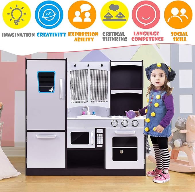 Costzon Kids Play Kitchen, Wooden Kids Kitchen Playset w/Realistic Sound, Microwave, Oven, Refrigerator, Chalkboard & Towel Rack, Toy Kitchen for Kids,Toddler, Baby, Boys & Girls (Coffee)