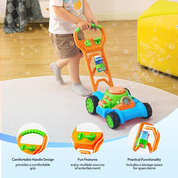 SLOOSH Bubble Lawn Mower Toddler Toys - Spill-Proof Bubble Machine Pretend and Play Toy for Toddler Age 1 2 3 1-3 Year Old Indoor Outdoor Use, Push Toys Baby Boys Xmas Christmas Birthday Gifts (Blue)