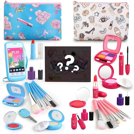 Pretend Makeup Kit for Kids 3-5, Blue or Beige Fake Makeup Set for Toddlers Girls, Play Makeup Gifts for Little Girls Age 3 4 5 6 7 Year Old, Make Up Toys Birthday (Random Style)