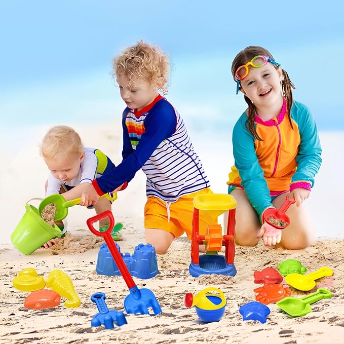 Beach Toys, 19 Piece Sand Toys Set Kids Sandbox Toys Includes Water Wheel Beach Tool Kit Bucket Watering Can Molds with Mesh Bag for Kids Ages 3-13