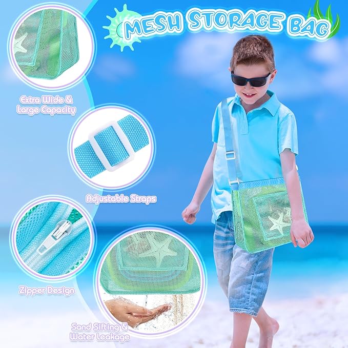 Beach Toys, Sand Toys with 2 Collapsible Beach Bucket and Beach Mesh Shovel, Sand Shovel, Shark Tooth Sifter and Mesh Bag for Shell Collecting, Sand Dipper Beach Scoop for Kids Boys Girls