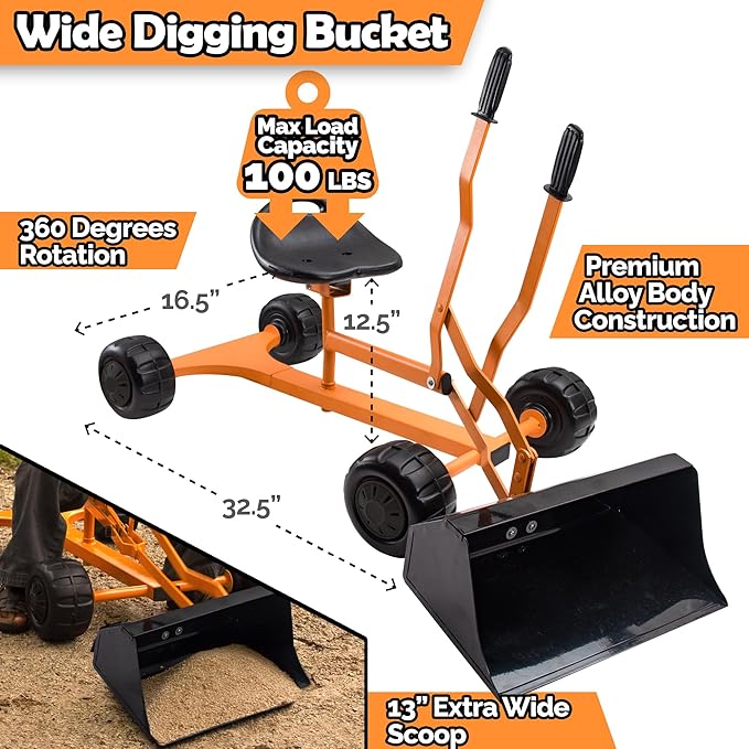 WONKAWOO Sand Digger Backhoe Loader for Kids, 360 Degree Ride On Metal Excavator Bulldozer Digging Toy for Sandbox and Beach, Patented Extra Wide Scoop Bucket