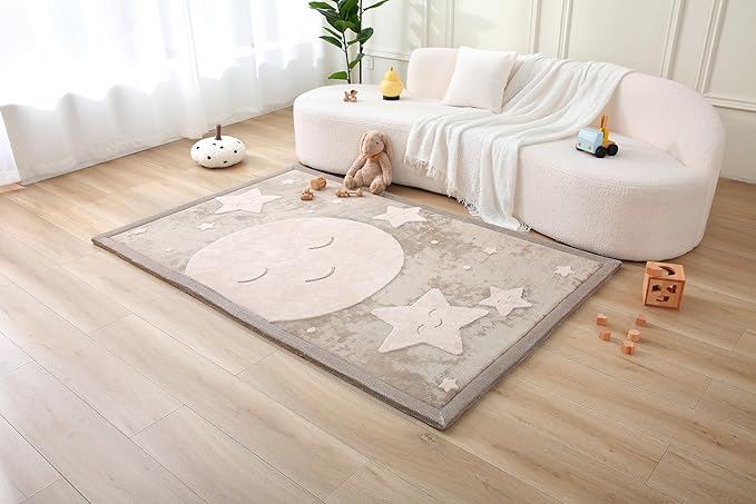 Premium Baby Playmat for Floor 80" x 110" moon&stars – Cloudsoft Coral Velvet Memory Foam Rug for Crawling – Non-Slip, Water-Resistant, Non-Toxic, Easy-Care Muscle Mat – Thick Play Mat for Baby