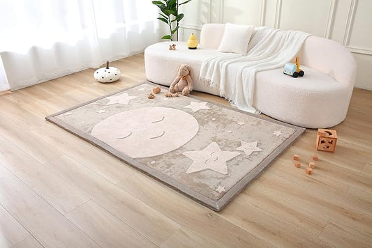 Premium Baby Playmat for Floor 80" x 110" moon&stars – Cloudsoft Coral Velvet Memory Foam Rug for Crawling – Non-Slip, Water-Resistant, Non-Toxic, Easy-Care Muscle Mat – Thick Play Mat for Baby