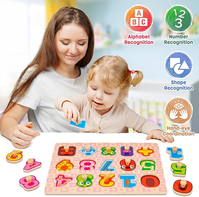 SYNARRY Wooden Puzzles for Toddlers 1-3, 6XSET Toddlers Puzzles Ages 1-3 with Rack, Learning Alphabet Number Shape Unicorn Princess Mermaid Animal, Christmas Toys Gifts for 1 2 3 Years Old Girl Gifts