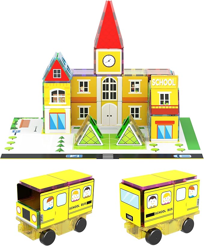 PicassoTiles 3-in-1 Theme Set School Hospital Police Station Magnet Self Adhesive Backing Stick-On Sheet Combo w/Car Magnet Building Block Playset STEM Learning Construction Brain Development Kit