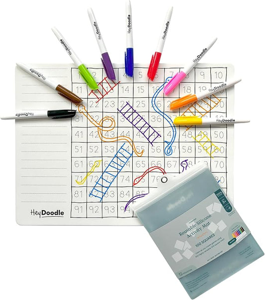 100 Squares Classic Doodle Mat – Reusable Silicone Math Activity for Toddlers and Kids – Educational Number Chart with 9 Dry Erase Markers – Mess-Free Learning Toy – Ages 3-7