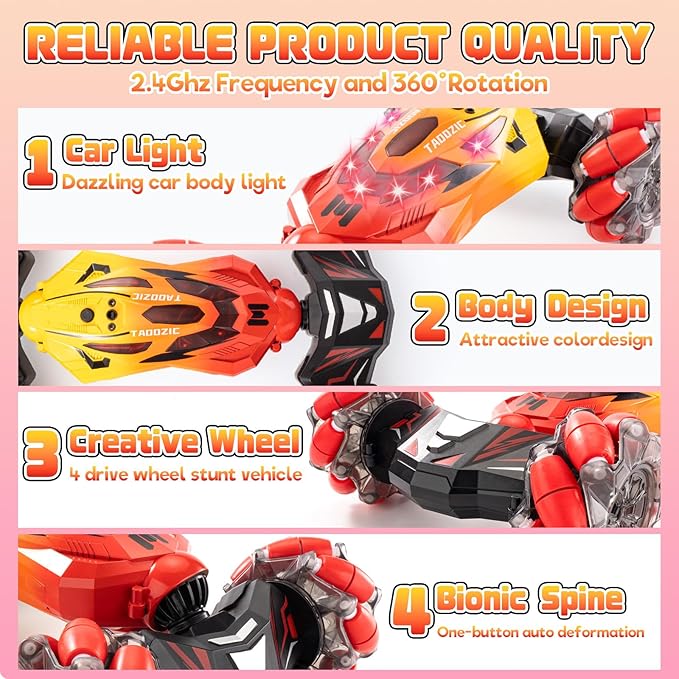 Gesture Sensing RC Stunt Car, 2.4GHz 4WD Stunt Car Toys for Ages 6-12 yr Boys Girls, Hand Controlled Remote Control Twist Cars, Offroad 360° Rotation with Lights and Music for Birthday Gifts