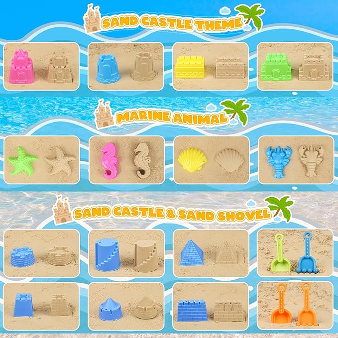 Beach Toys for Toddlers, Sand Castle Toys with 2 Sand Bucket, 2 Mesh Bag, 4 Shovels & Molds, Travel Sand Toys for Beach Sandbox Toys for Toddlers Kids Baby Boys Girls Age 3-10