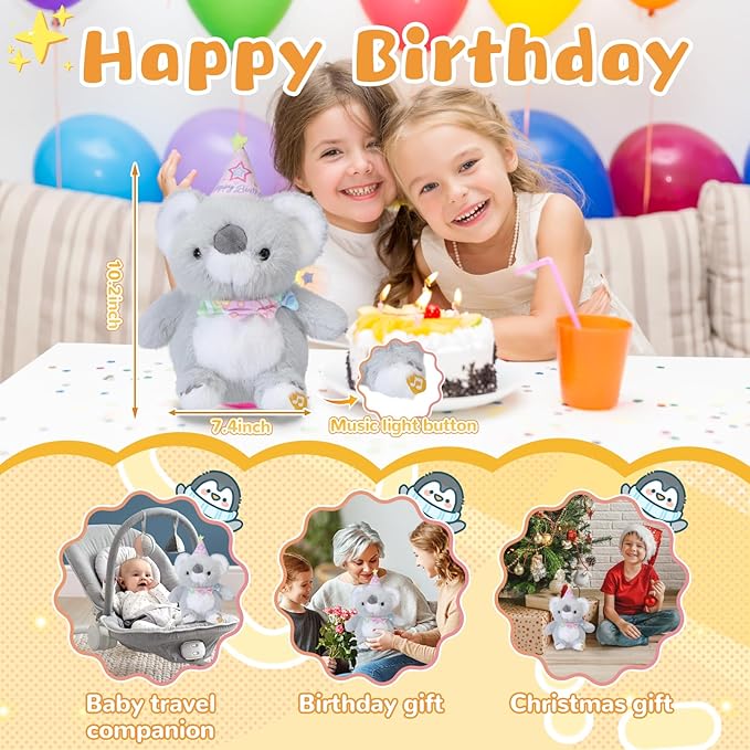 Happy Birthday Interactive Koala, Musical Birthday Stuffed Animal Recording Mimicking Toy, Clapping Activates Singing Dancing Shaking, Cute Koala Plush Gifts for Kids Girls Boys