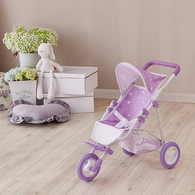 Olivia's Little World Baby Doll Jogging-Style Stroller with Canopy, Seatbelt and Storage Space, Purple and White