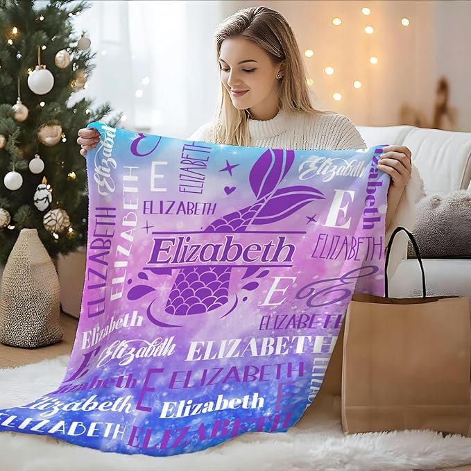 Blankets for Kids Girls 6-8, Custom Mermaid Gifts for Children Teens, Personalized with Name Soft Flannel Lightweight Monogram Name Accessories Blanket for Travel Camping Outdoor Decoration