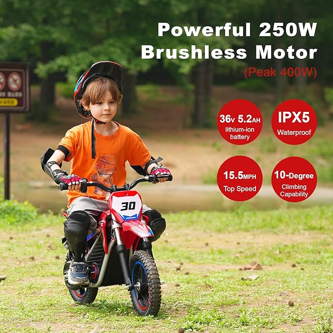 Electric Dirt Bike for Boys Girls Ages 3-8, 250W High Racing Competition Grade Motorcycle, Up to 15MPH 3 Speed Settings Balance Bike, 12IN Off-Road Tires & Advanced Shock Absorption, Orange
