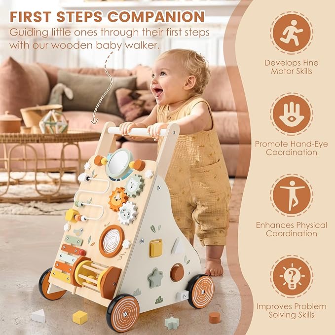 Wooden Baby Walker, Baby Push Walker with Activity Center for Girls Boys, Montessori Push Walker Toys for Babies Learning to Walk, Sit-to-Stand, for 10-12 Months 1 2 3 Years Old