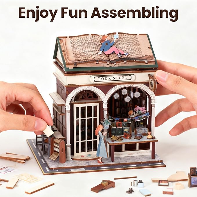 Book Nook Kit - DIY Miniature House Kit for Adults, Dollhouse Booknook Tiny House Bookshelf Decor 3D Wooden Puzzle Street Model, Ideal Gift for Book Lovers, Family, Friends (Book Store)