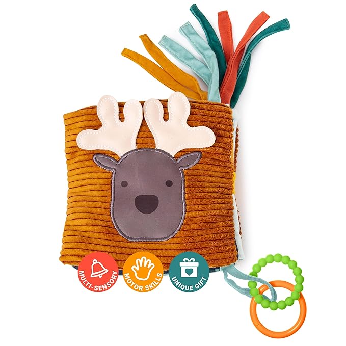 Little Big Friends 2-in-1 Soft Baby Activity Book | Crinkle Cloth Book with Mirror, Teething Ring & Textures | Sensory Toy for Infants | Attaches to Crib, Car Seat or Stroller | Forest Theme