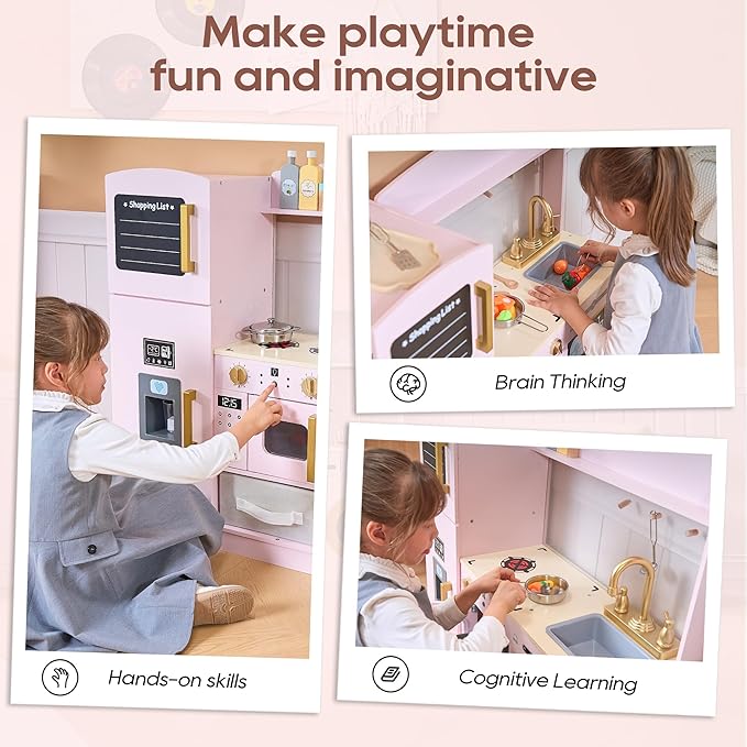 Play Kitchen Set for Kids, Wooden Kids Kitchen Playset with Real Lights & Sounds, Interactive Toy Kitchen with Felt Boxes for Storing Kitchen Utensils and Ice Maker Toy Accessories (Pale Pink)