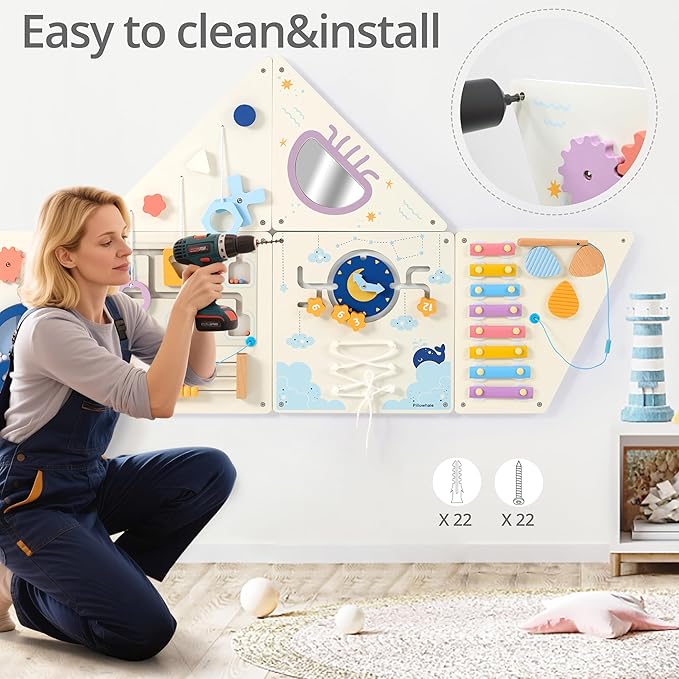 Tangram Activity Wall Busy Board Panels, 12-in-1 Learning Activity Center, Wooden Montessori Sensory Toys for Toddler Playroom, Nursery, Daycare, Classroom, Dentist Waiting Room