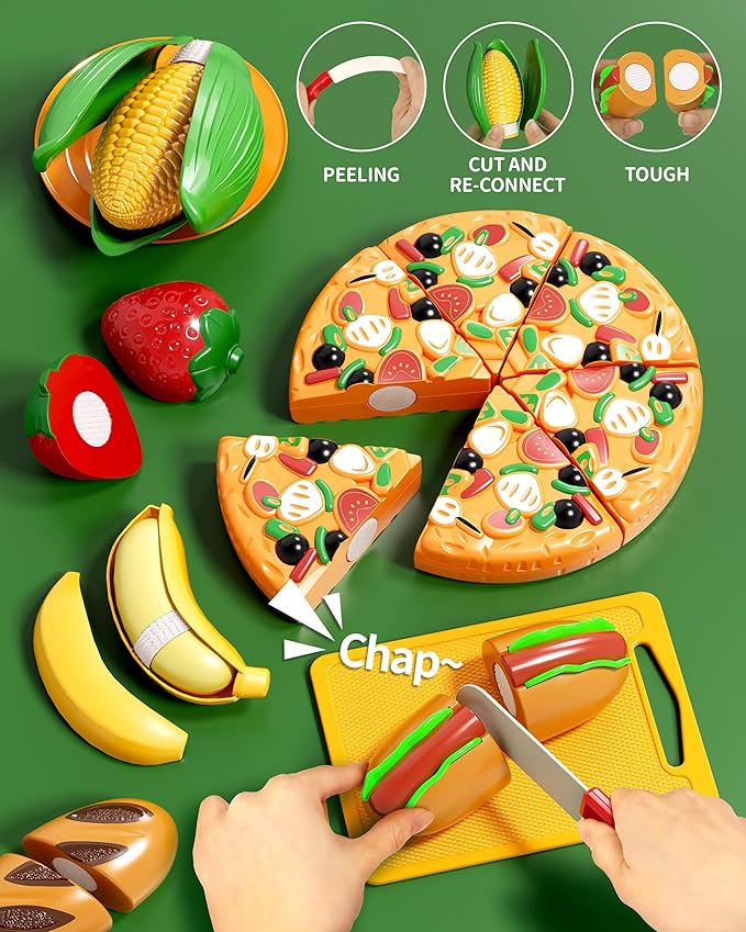 Pretend Play Food for Kids, Cutting Toy Food Set with Picnic Basket, Play Kitchen Accessories, Food Toys with Veggies, Fruits, Pizza Toy for Boys Girls Gift