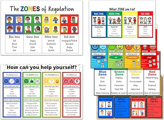 6 Zone of Regulation Bulletin Board Set, Feelings Chart For Kids, Emotions Poster, Set of 6 Unframe 08x12inch(20x30cm)